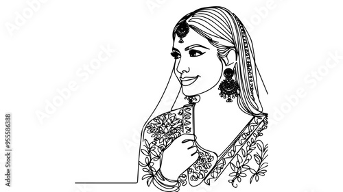 Portrait of an Indian bride in traditional clothing line art vector