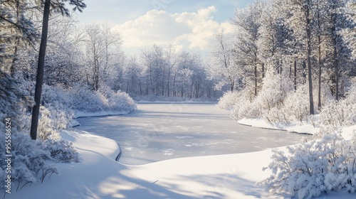 A winter scene of a frozen Minnesota lake, with snow-covered trees and a peaceful, quiet atmosphere.
