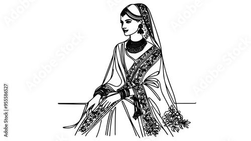 Portrait of an Indian bride in traditional outfit line art vector