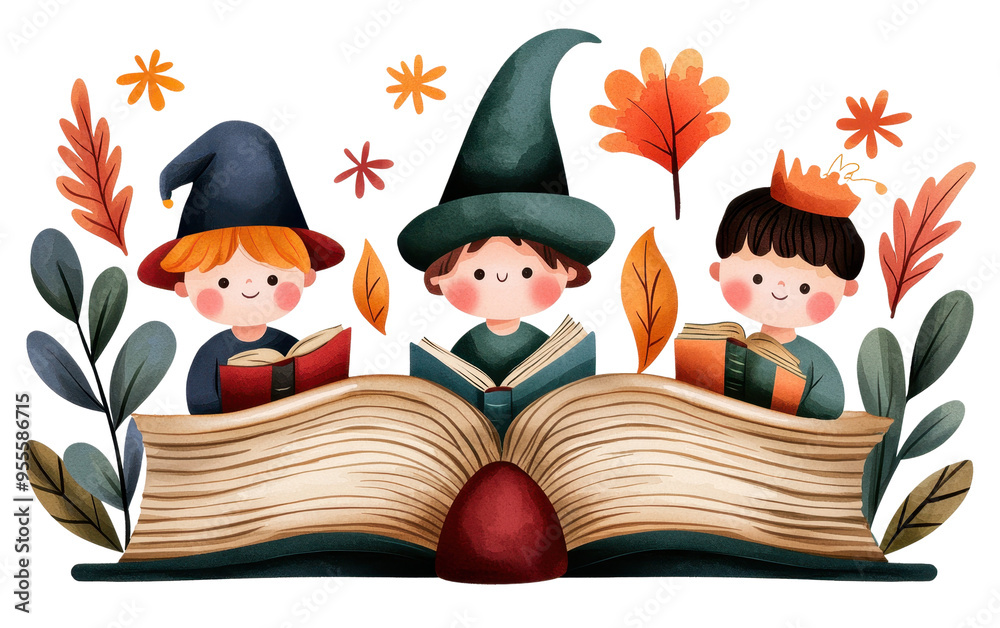 Illustration of three children in witch hats reading a large book surrounded by autumn leaves, creating a magical and whimsical scene cut out isolated transparent PNG Illustration of three children in witch hats reading a large book surrounded by autumn leaves, creating a magical and whimsical scene cut out isolated transparent PNG