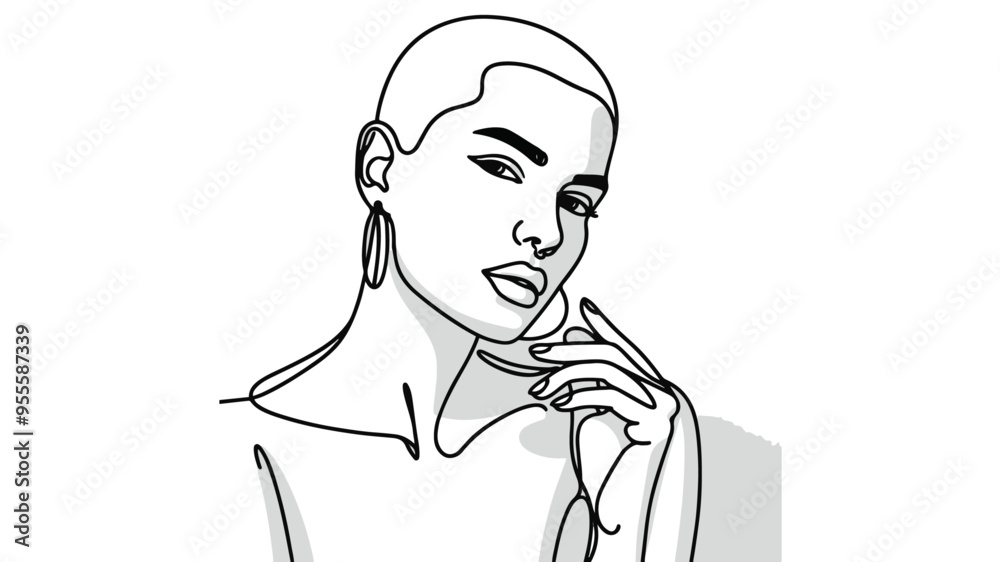 Stylish woman with a buzz cut shaved head, wearing earrings one line art vector Stylish woman with a buzz cut shaved head, wearing earrings one line art vector