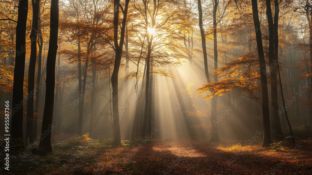 Obraz premium Morning sunrays in late autumn forest. Beautiful fall landscape, trees with leaves in autumn colors. Laeves on the ground. Natural light. Sunbeams in autumn forest. Background poster, autumn mockup.