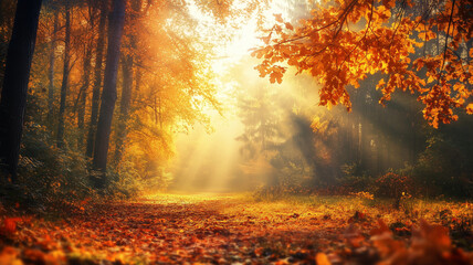 Morning sunrays in late autumn forest. Beautiful fall landscape, trees with leaves in autumn colors. Laeves on the ground. Natural light. Sunbeams in autumn forest.  Background poster, autumn mockup.