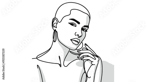 Stylish woman with a buzz cut shaved head, wearing earrings one line art vector