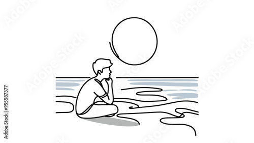 Thoughtful boy on beach line art illustration