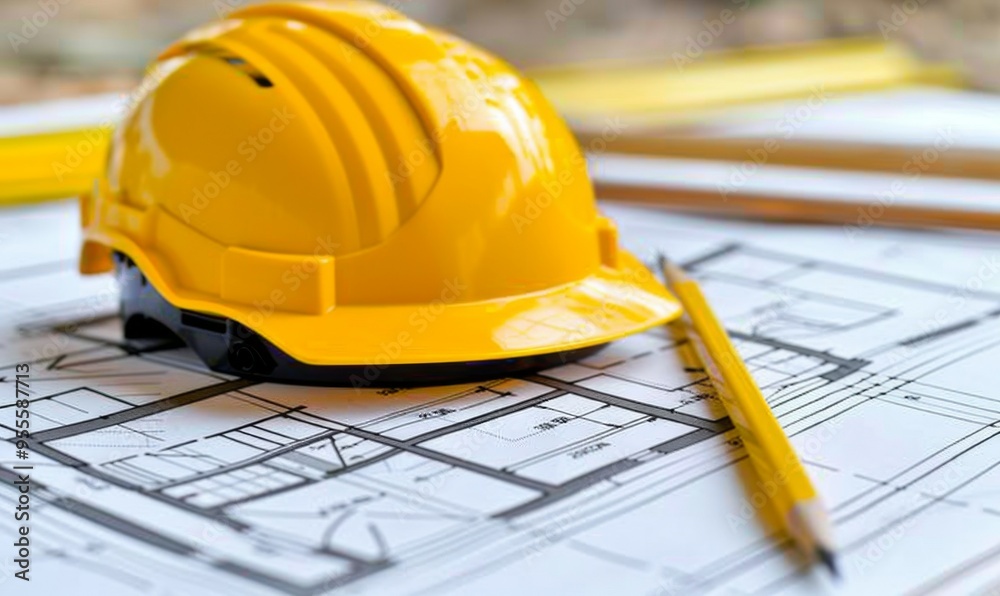 On a bright surface, an architectural blueprint reveals meticulous planning, accompanied by a yellow helmet and pencil, symbolizing construction readiness and innovation On a bright surface, an architectural blueprint reveals meticulous planning, accompanied by a yellow helmet and pencil, symbolizing construction readiness and innovation