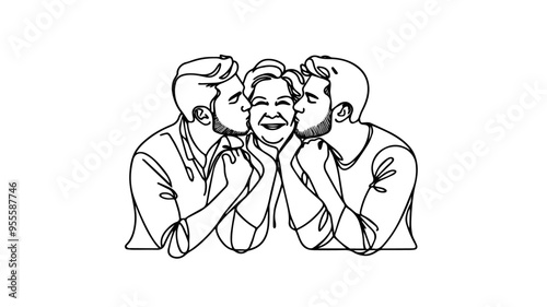 Twins men kissing their mother on cheeks line art vector 