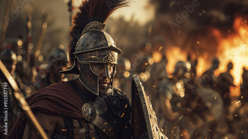 Roman centurion in battle armor, surrounded by soldiers and flames. Dramatic scene depicting ancient warfare with intricate details of helmets, shields, and weaponry