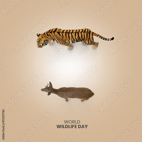 Fototapeta Naklejka Na Ścianę i Meble -  3d tiger and deer represent world wildlife day. 3d illustration.