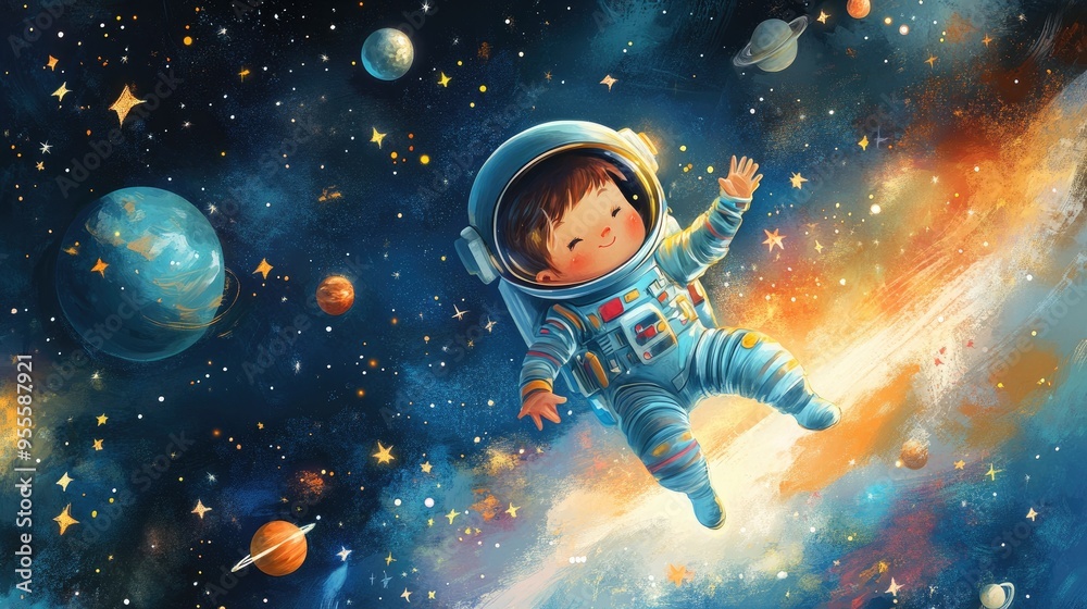 A young astronaut in a playful space suit, floating against a backdrop of stars and planets. Plenty of room for messages.