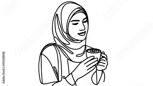 woman in hijab holding a cup of coffee vector line art