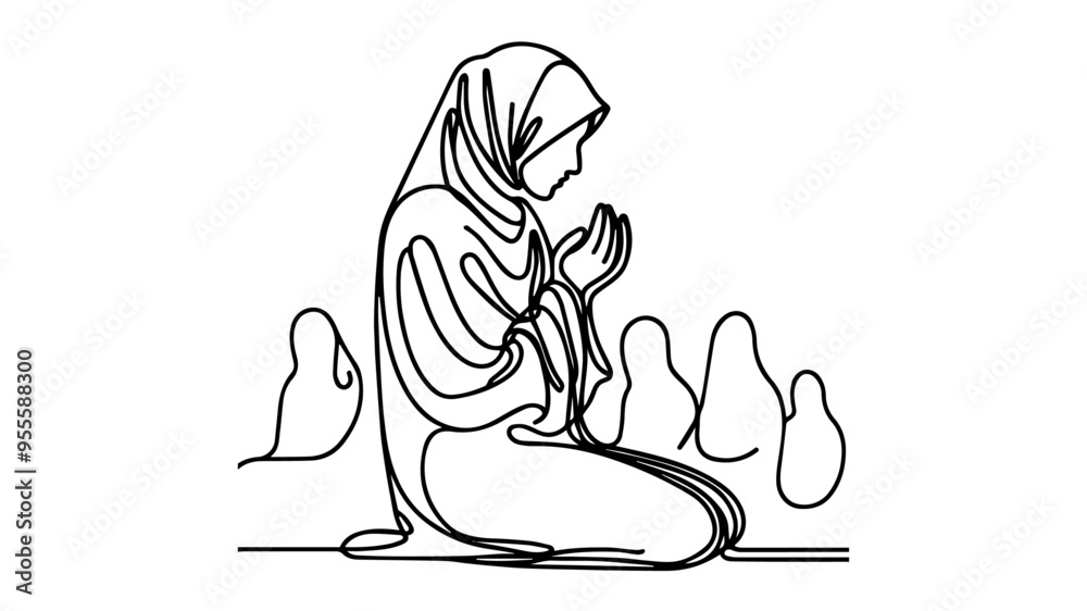 woman in hijab praying single line drawing vector woman in hijab praying single line drawing vector