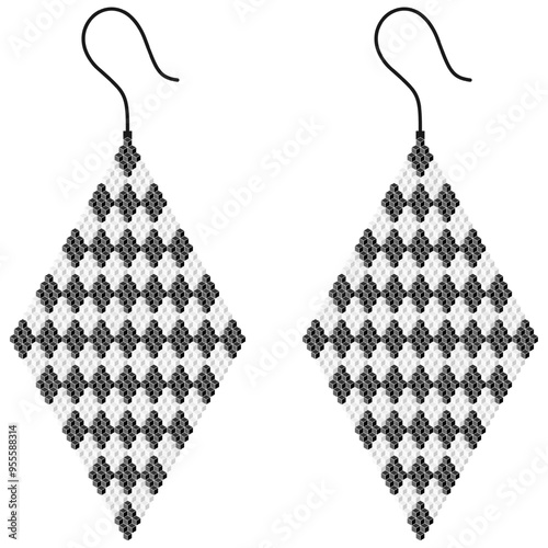 Two rhombus-shaped earrings, in which small black and white rhombuses regularly alternate, made of 3D