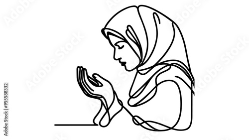 woman in hijab praying line art vector