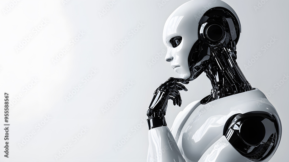 Thinking humanoid robot side view with white copy space for text, isolated on white background. Thinking humanoid robot side view with white copy space for text, isolated on white background.