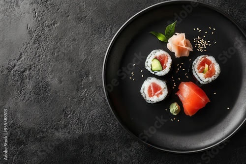 Minimalist black plate with sushi rolls and garnishes displaying a modern and simple design on textured dark background. photo