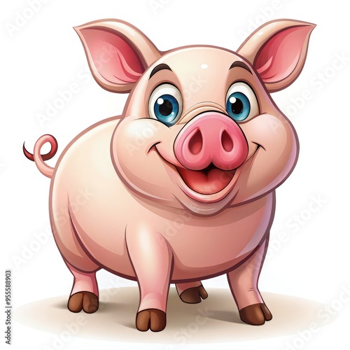 Happy cartoon pig standing on standard scale with a cheerful expression. Generative AI