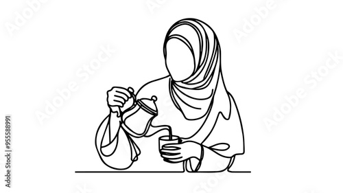 woman wearing hijab pouring tea one line illustration