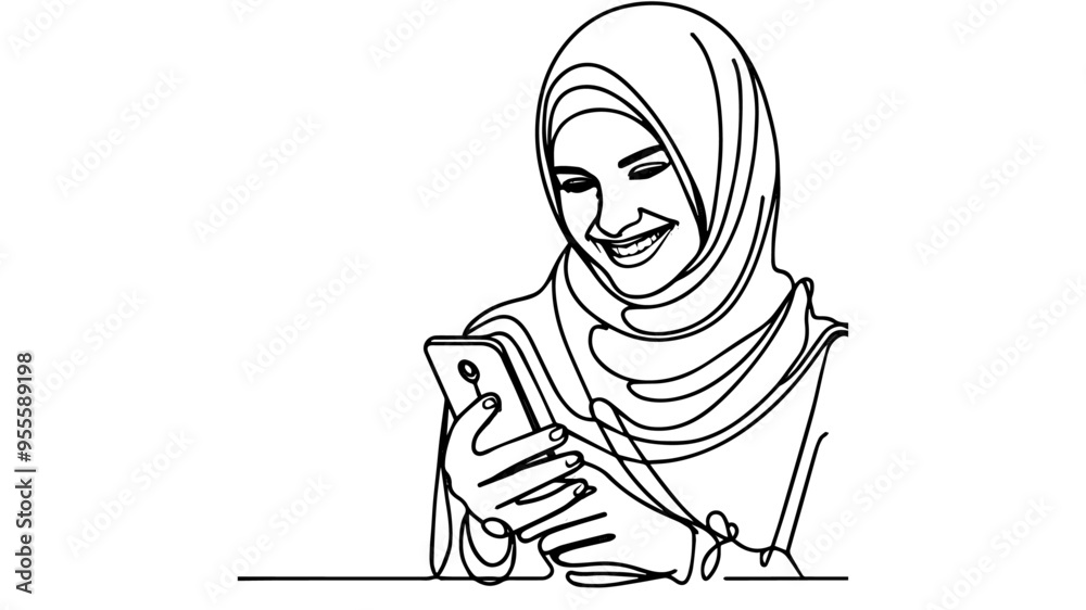 Woman wearing hijab smiling while using her phone single line art Woman wearing hijab smiling while using her phone single line art