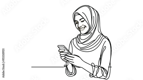 Woman with hijab smiling while using her smartphone line art drawing