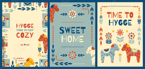 Folk set of Scandinavian Wall Art Decor, vertical frame with copy space, season holiday greeting card. Retro Swedish aesthetic. Stylized Nordic animalistic and floral prints. Cozy mood collection