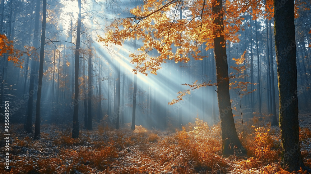 Fototapeta premium Morning sunrays in late autumn forest. Beautiful fall landscape, trees with leaves in autumn colors. Laeves on the ground. Natural light. Sunbeams in autumn forest. Background poster, autumn mockup.
