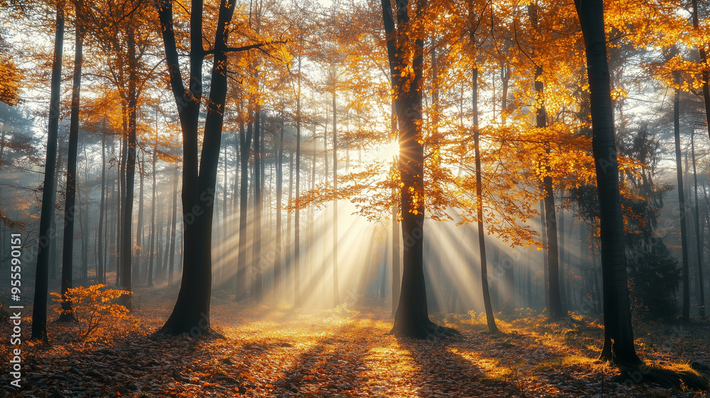 Fototapeta premium Morning sunrays in late autumn forest. Beautiful fall landscape, trees with leaves in autumn colors. Laeves on the ground. Natural light. Sunbeams in autumn forest. Background poster, autumn mockup.
