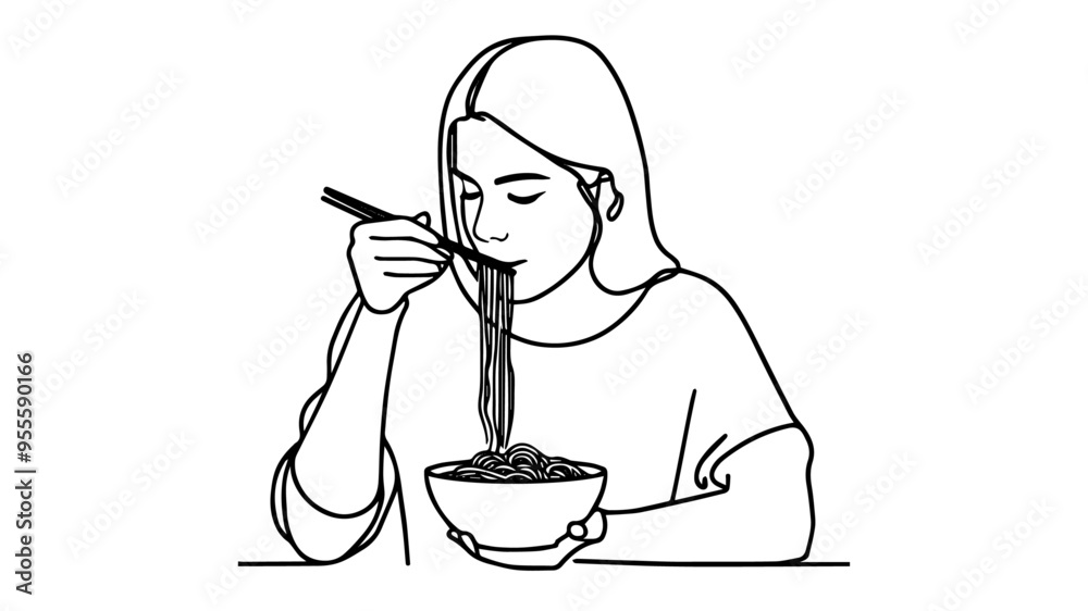 Young woman eating noodle soup single line art Young woman eating noodle soup single line art