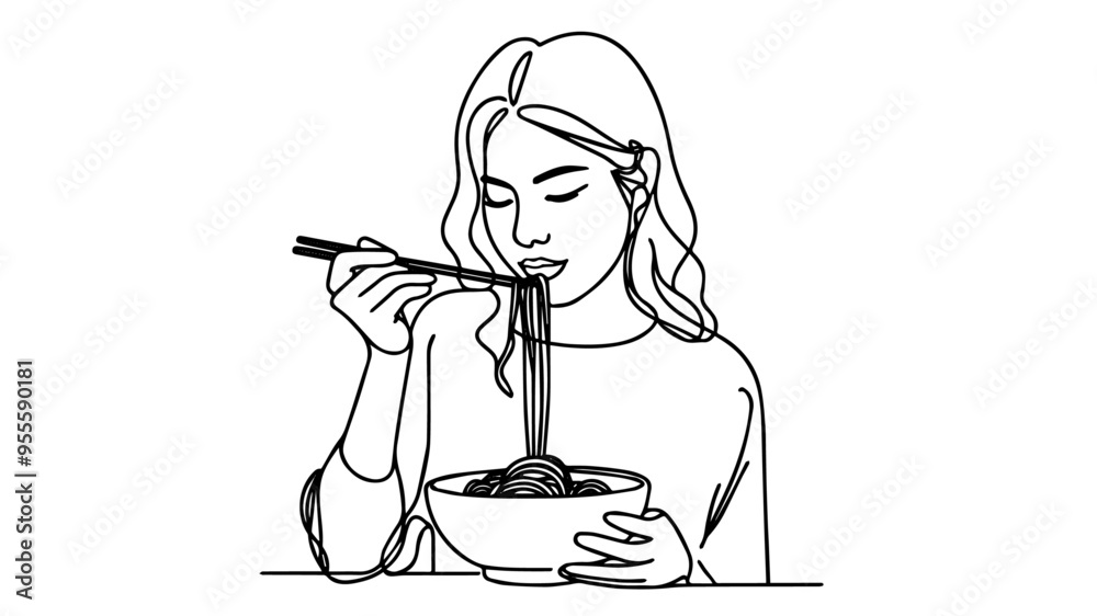 woman eating noodle soup with chopsticks line art vector woman eating noodle soup with chopsticks line art vector