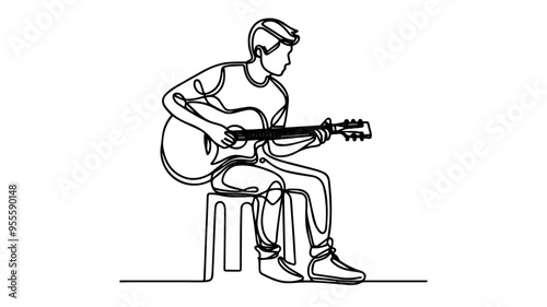 Young Musician Playing Guitar line art vector