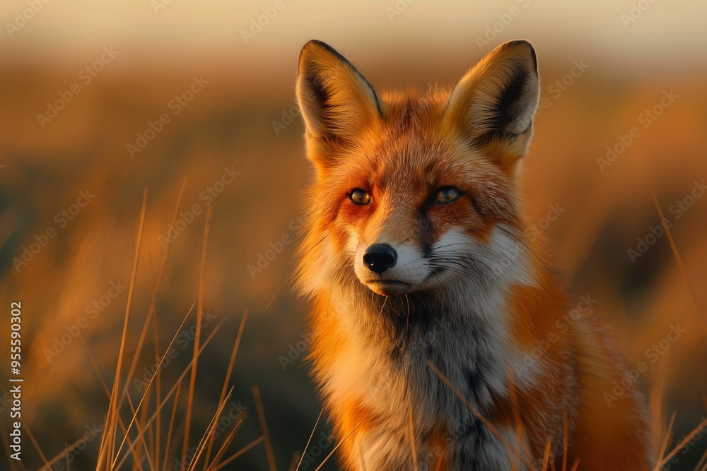 Fototapeta premium Red fox in a field of dry grass at sunset. Portrait of a wild fox