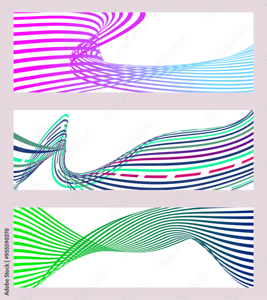 Wavy lines or ribbons. Set of 3 backgrounds. Multicolored striped gradient. Creative unusual background with abstract gradient wave lines to create a trendy banner, poster. vector eps Wavy lines or ribbons. Set of 3 backgrounds. Multicolored striped gradient. Creative unusual background with abstract gradient wave lines to create a trendy banner, poster. vector eps