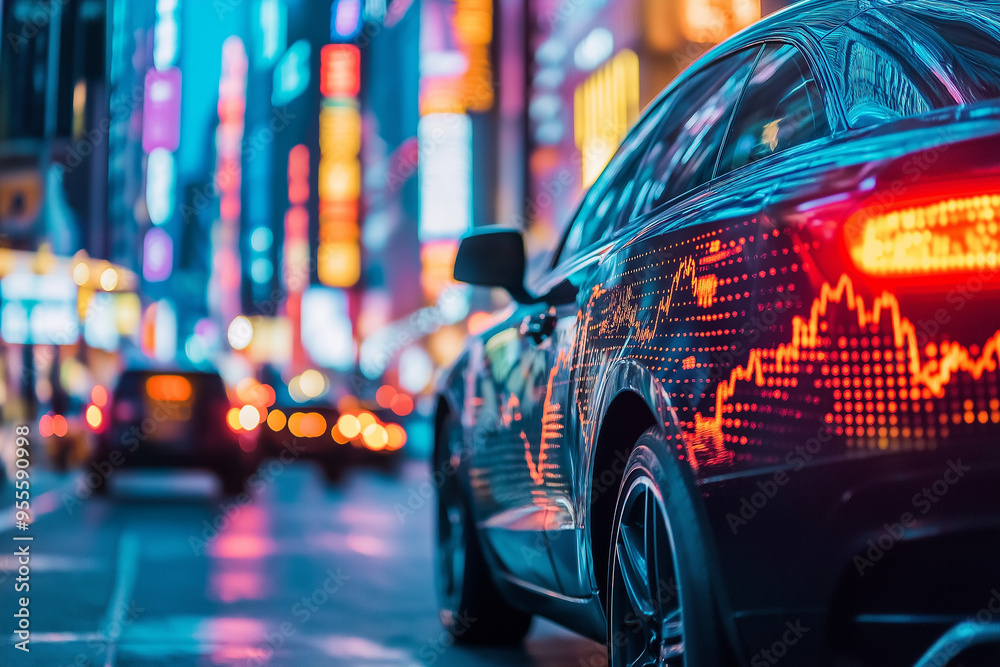 Luxury car with stock market graph overlay, high-end lifestyle and finance connection Luxury car with stock market graph overlay, high-end lifestyle and finance connection
