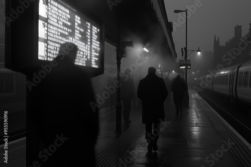 A dark, foggy evening at a train station, where silhouetted figures move through the mist. 