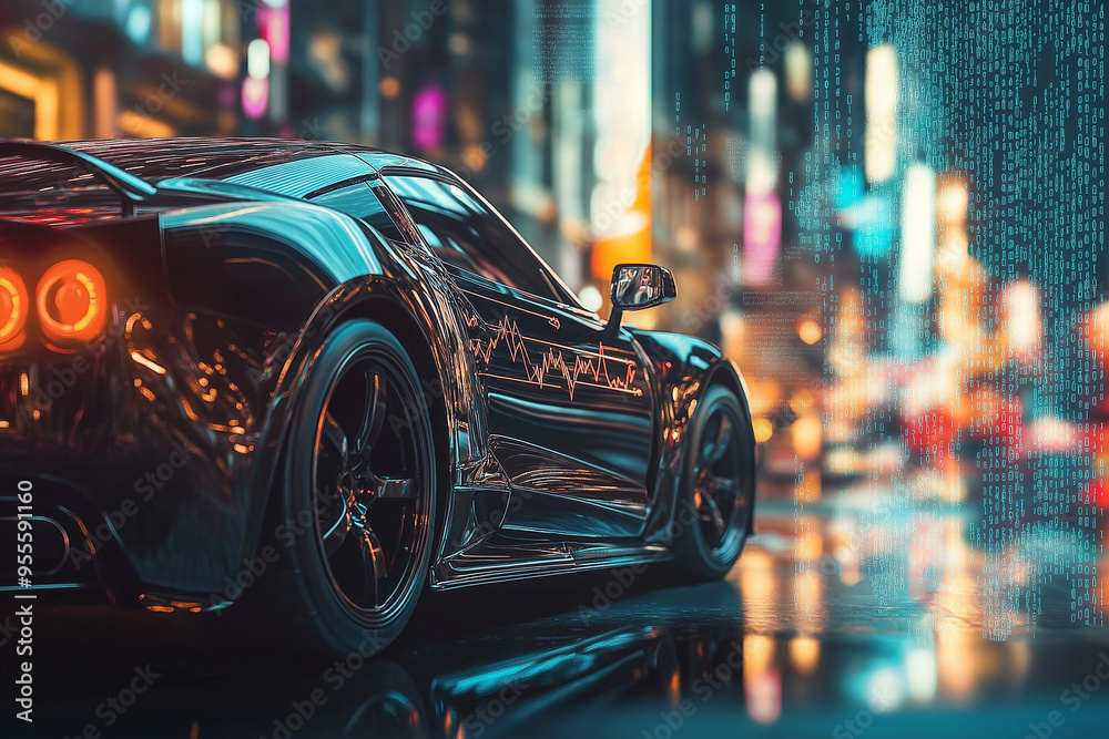 Luxury car with stock market graph overlay, high-end lifestyle and finance connection Luxury car with stock market graph overlay, high-end lifestyle and finance connection