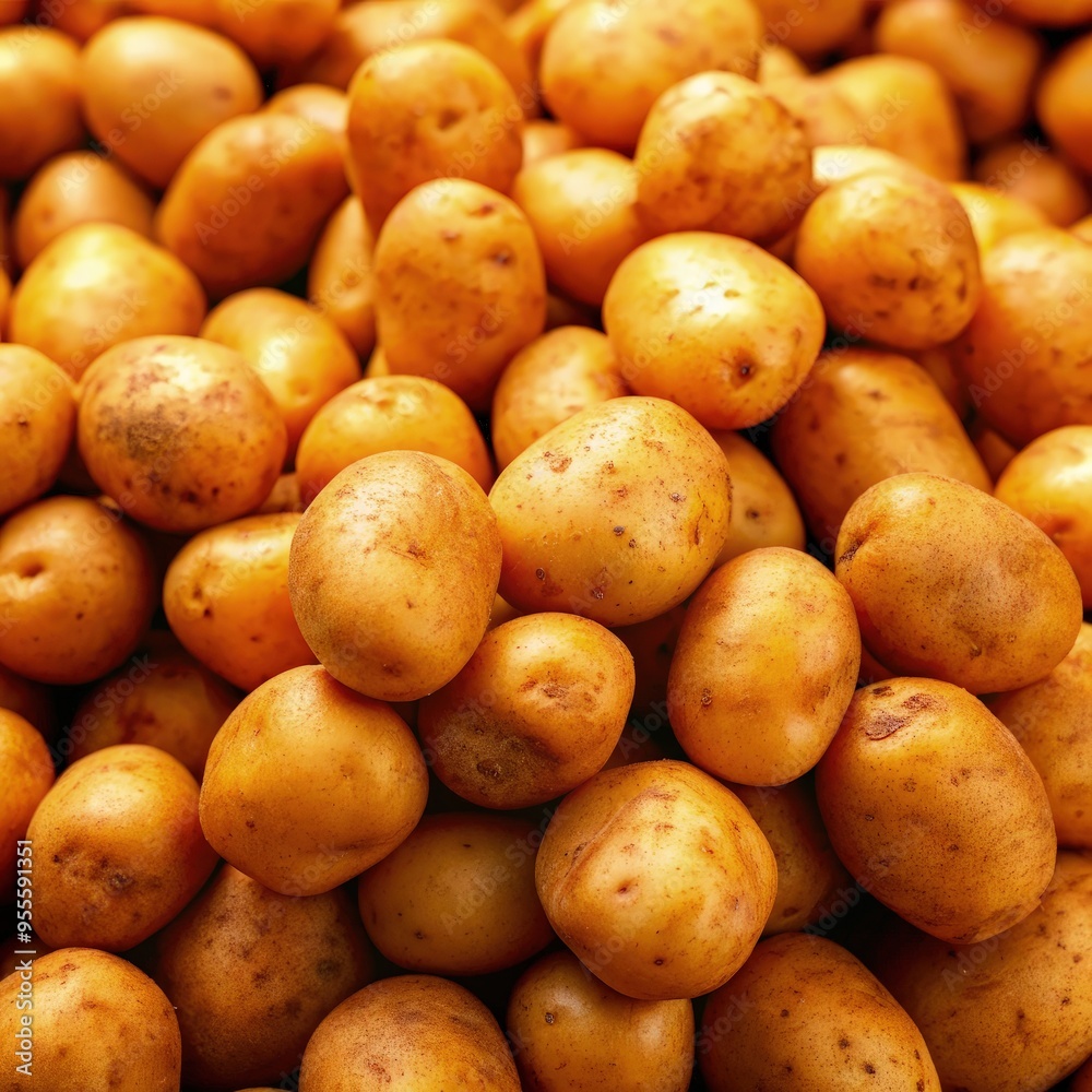 Freshly harvested golden potatoes piled high on a wooden surface in natural light. Generative AI Freshly harvested golden potatoes piled high on a wooden surface in natural light. Generative AI