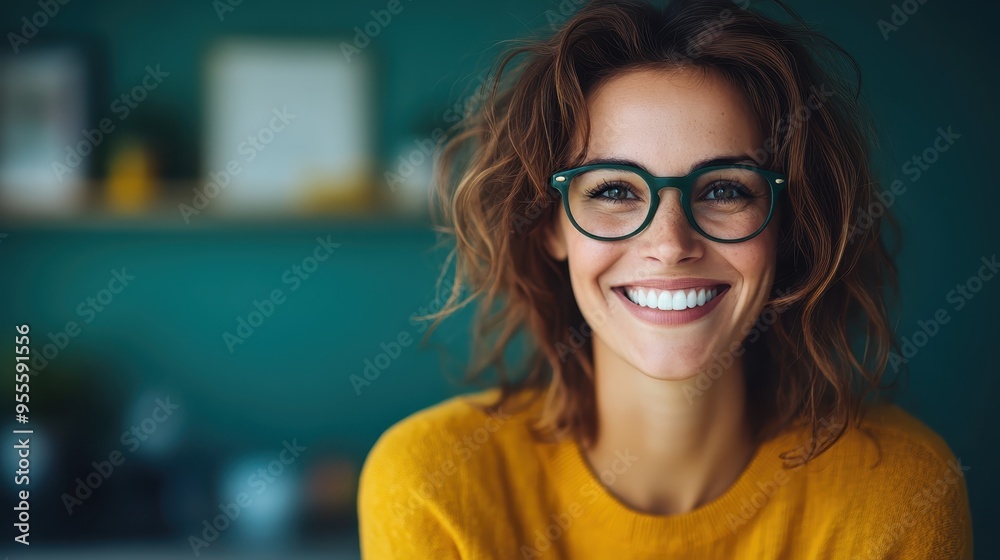 A cheerful woman with glasses smiling brightly against a dark teal wall. She is radiating positivity and warmth, with a casual yet stylish look in a yellow sweater.