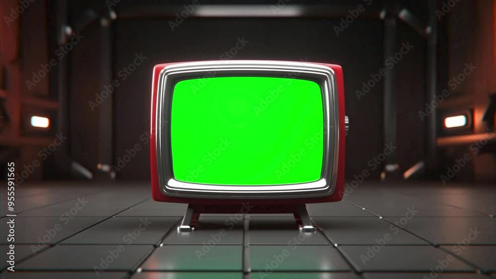 A retro television with a green screen, placed on a futuristic metallic floor in a dimly lit, industrial setting. A retro television with a green screen, placed on a futuristic metallic floor in a dimly lit, industrial setting.
