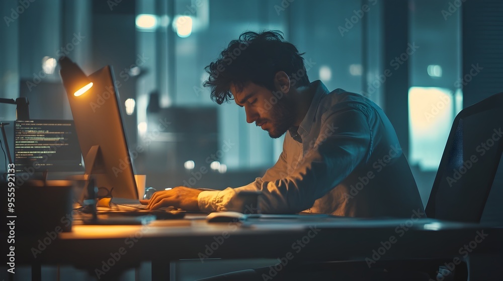 Skilled software engineer deeply engaged in cloud based system complexities typing code in sleek Skilled software engineer deeply engaged in cloud based system complexities typing code in sleek