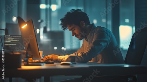 Skilled software engineer deeply engaged in cloud based system complexities typing code in sleek photo