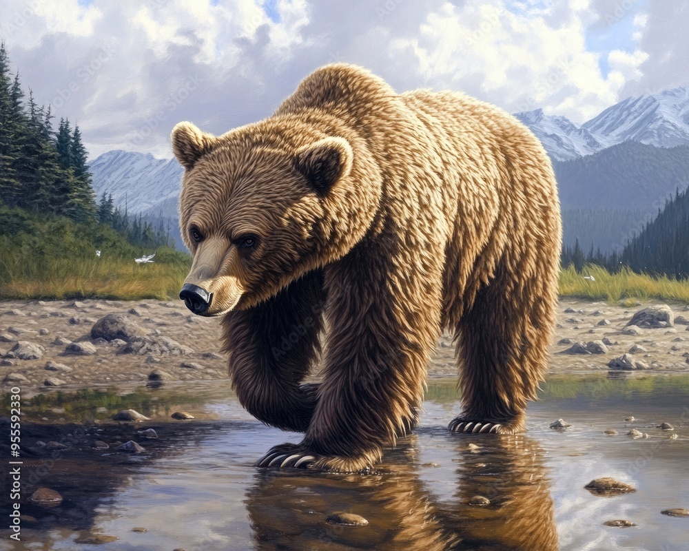 Obraz premium Brown Bear Fishing for Salmon at Pack Creek Beach, Southeast Alaska