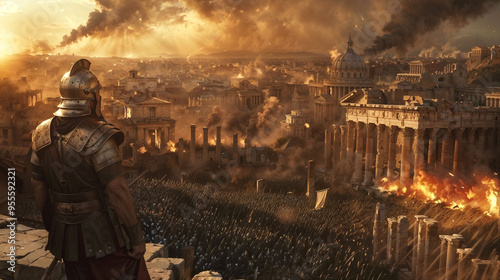 Roman soldier observes city ablaze from hilltop. Vast army assembles below as iconic structures burn. Dramatic sunset for a widespread destruction across ancient metropolis. Downfall of a civilization