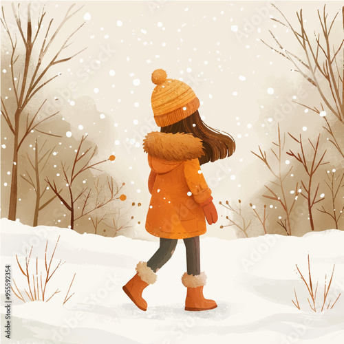 a New Year's card with a girl. a girl walks in the winter forest. print for cover and postcard design