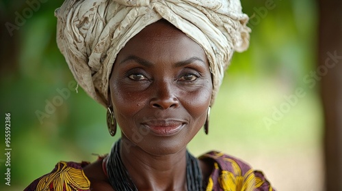 happy 60 year old Zambian woman with a big white headwrap photo