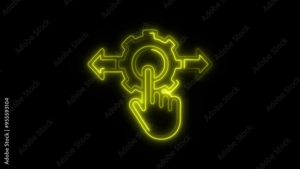 Neon Interactive Settings Icon - Futuristic Glowing Gear with Hand and Arrows, Representing User Control, Digital Configuration, and Advanced High-Tech Customization in Modern Interactive Systems Neon Interactive Settings Icon - Futuristic Glowing Gear with Hand and Arrows, Representing User Control, Digital Configuration, and Advanced High-Tech Customization in Modern Interactive Systems