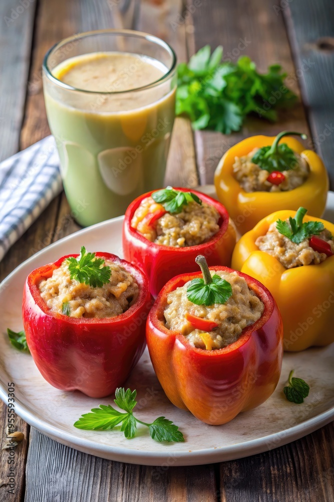 Delicious baked bell peppers stuffed with turkey mince on a rustic wooden table. Generative AI Delicious baked bell peppers stuffed with turkey mince on a rustic wooden table. Generative AI