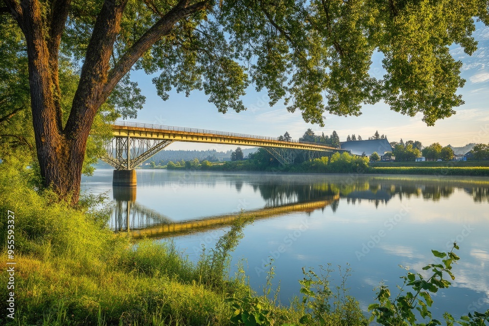Albany Oregon. Summer Landscape with Bridge Over Willamette River and Green Trees Albany Oregon. Summer Landscape with Bridge Over Willamette River and Green Trees