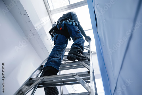 Wallpaper Mural Worker in safety gear climbing a ladder in a controlled environment, focusing on secure practices and protective equipment Torontodigital.ca