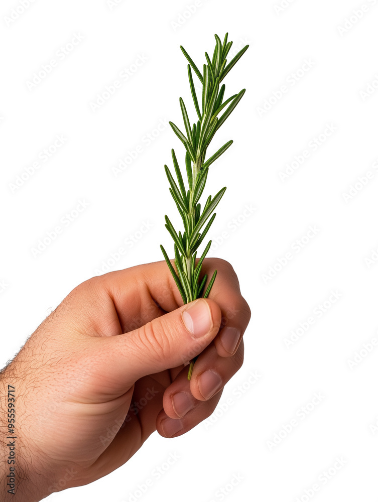 Hand holding sprig of rosemary isolated on transparent background Hand holding sprig of rosemary isolated on transparent background