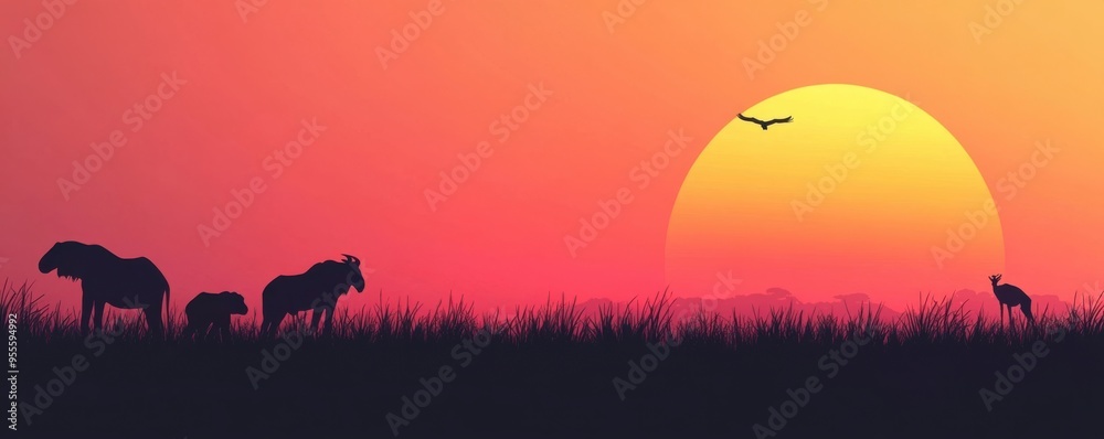 Stunning minimalist African wildlife scene featuring wildebeests and gazelle against a vibrant sunset backdrop Stunning minimalist African wildlife scene featuring wildebeests and gazelle against a vibrant sunset backdrop
